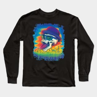 Skull Donning Pork Pie Hat Long Sleeve T-Shirt